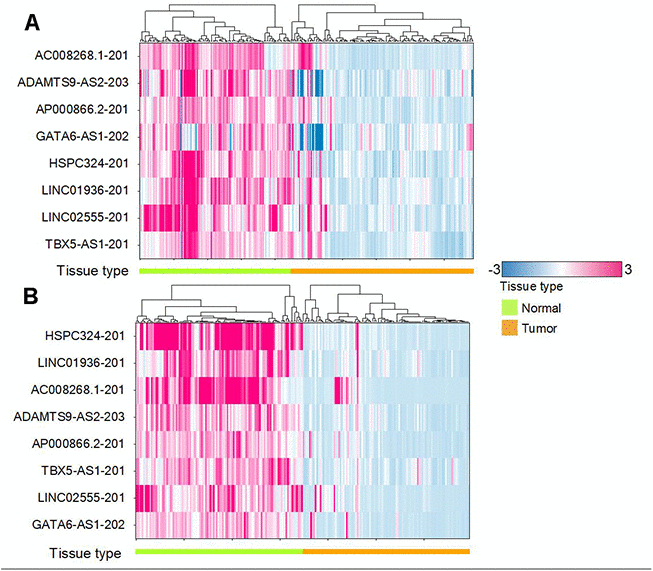 Hierarchical clustering shows the regulation. (A) Heat map for 8 common lncRNAs in the Microarray dataset. (B) Heat map for 8 common lncRNAs in the TCGA dataset. Red means upregulation while blue means downregulation. We can see that all the 8 common lncRNA downregulated in tumor samples.