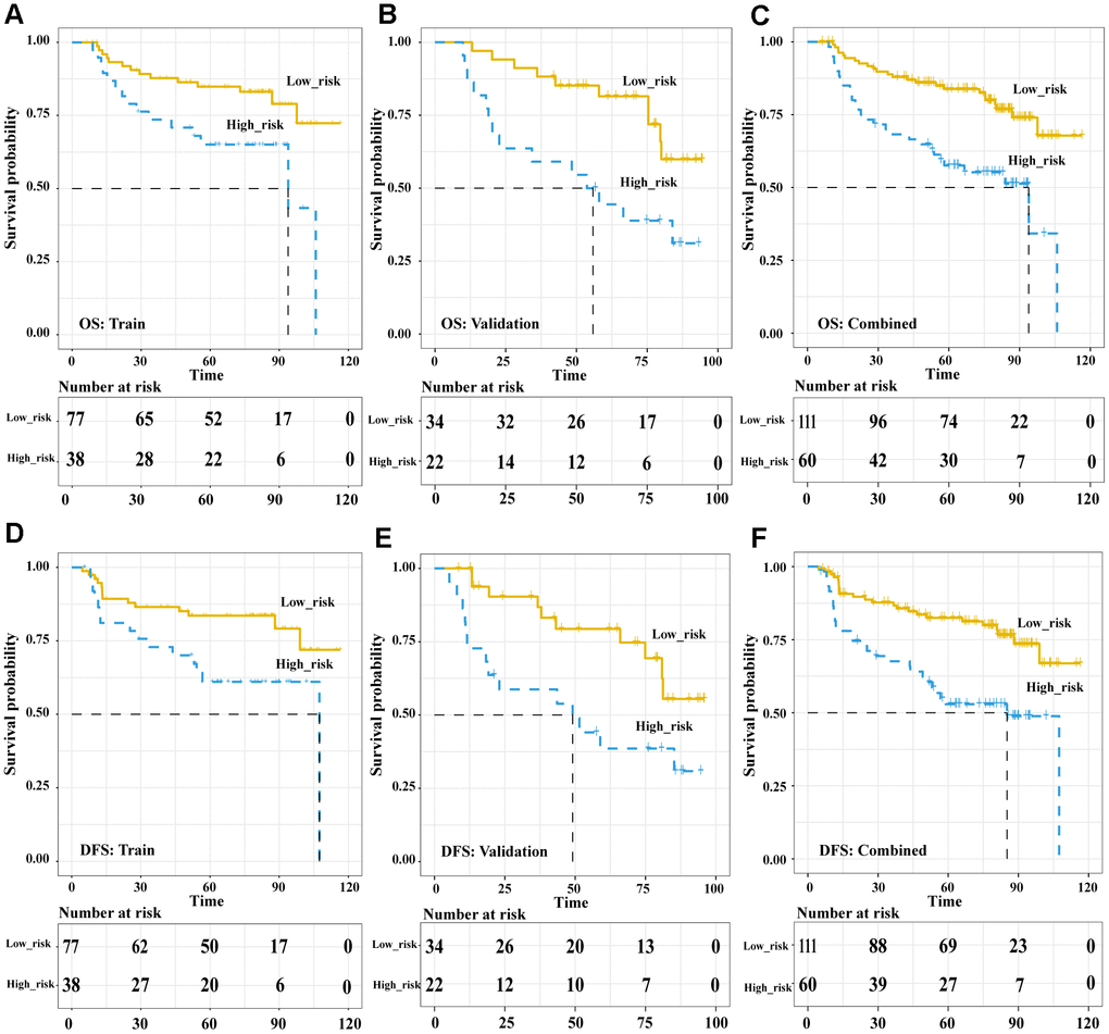 The Pre-treatment PET signatures could significantly stratify patients’ OS and DFS. Kaplan-Meier survival analysis of pre-treatment Rad-score-defined risk levels in the training, validation cohorts and combined cohort. OS: the training cohort (A), validation cohort (B), and combined cohort (C). DFS: the training cohort (D), validation cohort (E), and combined cohort (F). Abbreviations: OS: overall survival. DFS: disease free survival.