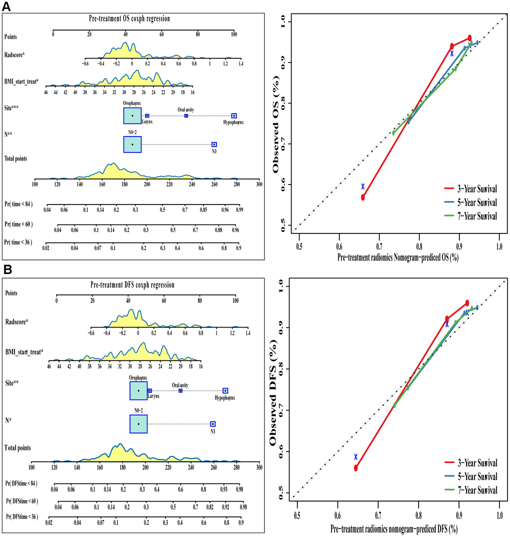 The visualization of OS and DFS survival models based on pre-treatment Rad-score combined with clinicopathologic characteristics. The constructed nomograms and their calibration plots to estimate the OS (A) and DFS (B) in 3, 5, and 7 years. Abbreviations: OS: overall survival. DFS: disease free survival.