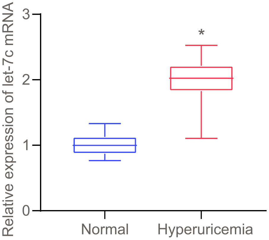 Let-7c is upregulated in serum of patients with hyperuricemia, as determined by RT-qPCR (normalized to U6). n = 26. * p vs. healthy people. The measurement data were shown as mean ± standard deviation and compared by unpaired t-test.