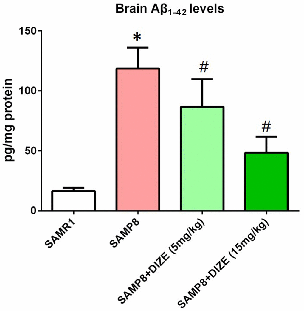 DIZE reduced Aβ1-42 levels in the brain of SAMP8 mice. The levels of TBS-soluble Aβ1-42 in the brain were detected by ELISA. Data were analyzed by one-way ANOVA followed by Tukey’s post hoc test. Columns represent mean ± SD (n=8 per group). *PP