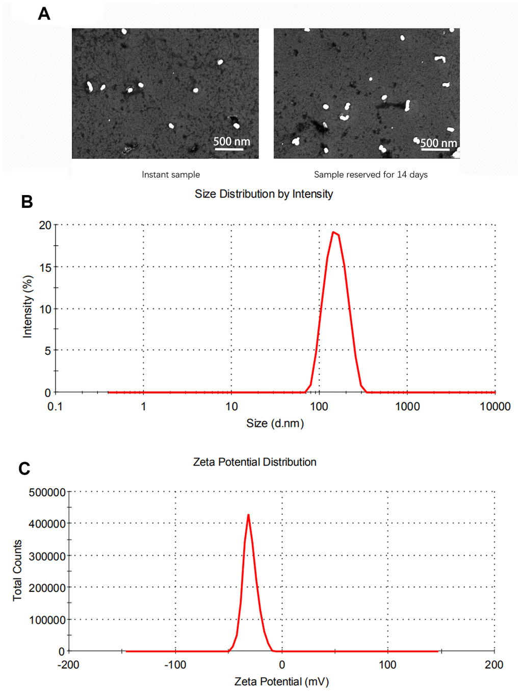 Characterization of solid lipid nanoparticles (SLNs). (A) The representative images of SLNs using transmission electron microscopy. (B) The size distribution of SLNs. (C) The zeta potential distribution of SLNs.