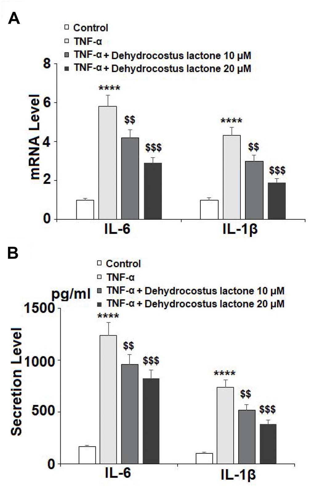 DHC prevented TNF-α-induced expression and secretion of IL-6 and IL-1β. Cells were stimulated with TNF-α (10 ng/ml) in the presence or absence of 10 and 20 μM for 24 h. (A). mRNA of IL-6 and IL-1β as measured by real-time PCR; (B). Secretion of IL-6 and IL-1β as measured by ELISA (****, P
