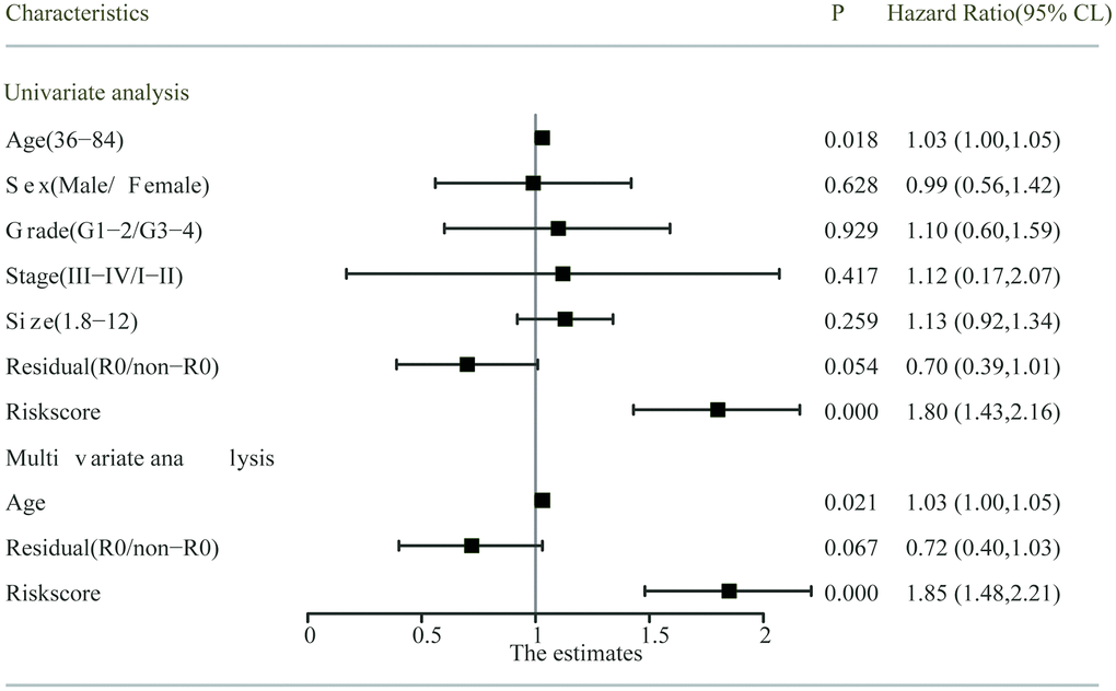 Univariate and multivariate analysis of the risk score and clinicopathological characteristics with OS. The residual (R0/non-R0) and risks core indicated the margin condition and prognostic model, respectively.