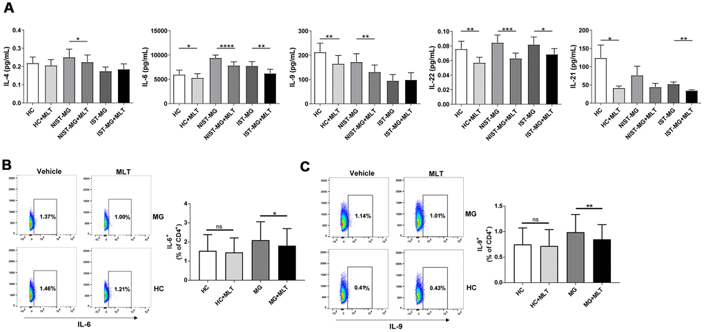 In vitro melatonin administration attenuated the production of other proinflammatory cytokines. (A) IL-4, IL-6, IL-9, IL-22 and IL-21 levels in PHA-stimulated PBMC culture supernatant after melatonin administration in different MG subgroups (HC, n=10; NIST-MG, n=13; IST-MG, n=15). (B) FCM analysis of the frequency of CD4+ T cells producing IL-6 and (C) IL-9 and representative plots (HC, n=10; MG, n=10). The data are presented as the mean ± SD. * P ≤ 0.05, ** P ≤ 0.01, *** P ≤ 0.001, **** P ≤ 0.0001.