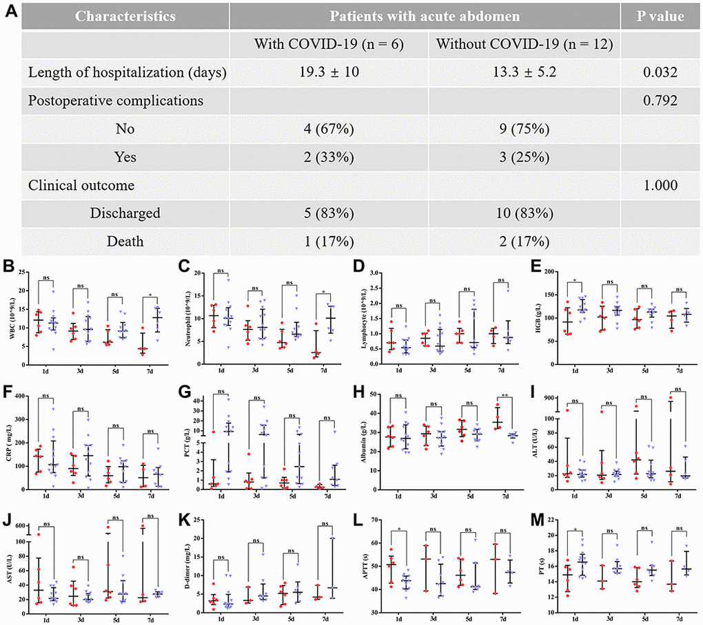 The difference between patients with COVID-19 pneumonia and those without COVID-19 pneumonia (aged between 60 and 80) in postoperative outcomes. Data are presented as numbers and percentages for categorical variables, and continuous data are expressed as the mean ± standard deviation (SD). *PA) The difference between both groups in clinical outcomes; (B–M) shows the differences in postoperative laboratory findings between patients with and without COVID-19 pneumonia, including (B) WBCs (white blood cells); (C) neutrophils; (D) lymphocytes; (E) HGB (hemoglobin); (F) CRP (C-reactive protein); (G) PCT (procalcitonin); (H) Albumin; (I) ALT (alanine aminotransferase); (J) AST (aspartate aminotransferase); (K) D-dimer; (L) APTT (activated partial thromboplastin time); (M) PT (prothrombin time). Red and blue marks represent patients with and without COVID-19 pneumonia, respectively.