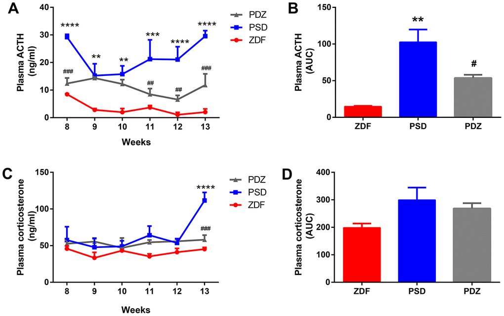 Effects of ZBPYR on plasma adrenocorticotropic hormone (ACTH) and corticosterone (CORT) during the stress intervention period in PSD rats. Plasma ACTH values were examined weekly. Plasma ACTH (A), ACTH AUC (B). Plasma corticosterone values were measured weekly. Plasma corticosterone (C), corticosterone AUC (D). **p ***p ****p #p ##p ###p 