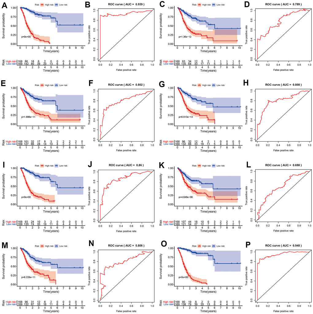 Kaplan-Meier and ROC curves of prognostic predictors in the GC cohort. Kaplan-Meier plot of the survival probability over time for prognostic predictors based on AA (A), AD (C), AP (E), AT (G), ES (I), ME (K) and RI (M) events with high (red) and low (blue) risk groups, respectively. ROC analysis for prognostic predictors based on AA (B), AD (D), AP (F), AT (H), ES (J), ME (L) and RI (N) events. (O) Kaplan-Meier plot depicting the survival probability over time for the final prognostic predictor with high (red) and low (blue) risk groups. (P) ROC analysis for the final prognostic predictor based on all seven types of AS events.