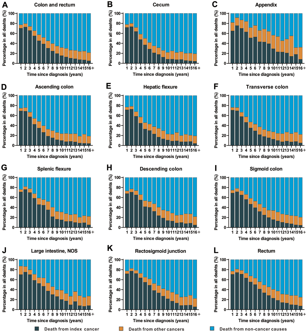 Cause of death among patients diagnosed with CRC in SEER 18 registries by follow-up time from diagnosis. (A) Cause of death among patients with CRC by time from diagnosis; (B) cause of death among patients with cancer of cecum by time from diagnosis; (C) cause of death among patients with appendicular cancer by time from diagnosis; (D) cause of death among patients with cancer of ascending colon by time from diagnosis; (E) cause of death among patients with cancer of hepatic flexure by time from diagnosis; (F) cause of death among patients with cancer of transverse colon by time from diagnosis; (G) cause of death among patients with cancer of splenic flexure by time from diagnosis; (H) cause of death among patients with cancer of descending colon by time from diagnosis; (I) cause of death among patients with cancer of sigmoid colon by time from diagnosis; (J) cause of death among patients with cancer of large intestine, NOS by time from diagnosis; (K) cause of death among patients with cancer of rectosigmoid junction by time from diagnosis; (L) cause of death among patients with cancer of rectum by time from diagnosis.