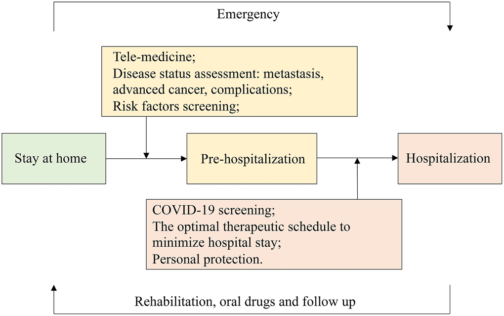 The entire course management of patients with cancer. Patients should stay at home regularly and be hospitalized rapidly in an emergency. The patients’ disease status and risk factors are screened through telemedicine to determine whether hospitalization was required for treatment. Patients should be screened for COVID-19 before admission and hospitalized with personal protection. The optimal therapeutic schedule should be formulated in advance in order to minimize the patient’s hospital stay. They should return home after their rehabilitation, with follow-ups still occurring.