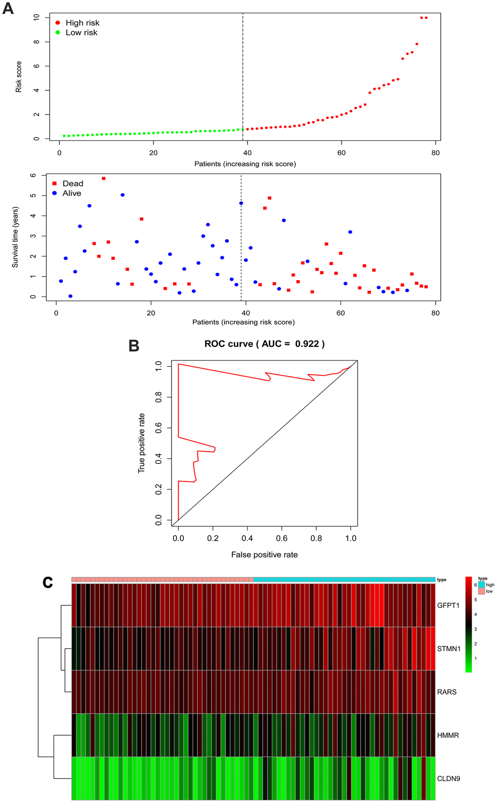 The five-gene signature associated with risk parameter predicts OS in patients with EAC. (A) The distribution of the five-gene risk score and survival status for each patient. (B) ROC curves of the five-gene signature for prediction of 5-year OS. (C) A heatmap of five genes’ expression profile. Abbreviations: AUC, areas under the curve; ROC, Receiver operating characteristic.