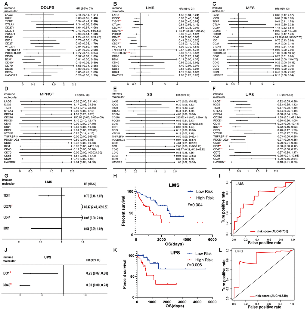 Immunomodulators significantly associated with prognosis in sarcoma. Forest plots of univariate Cox-regression analysis for 20 immunomodulators in the (A) DDLPS, (B) LMS, (C) MFS, (D) MPNST, (E) SS and (F) UPS. Forest plot of multivariate Cox analysis for the immunomodulators model in the (G) LMS and (J) UPS. The hazard ratio with 95% CI and P-values were illustrated in the figure (* p K) UPS, and the high- and low- risk groups were divided based on the median. Receiver-operating characteristic (ROC) analysis of one-year survival prediction by the immunomodulator model in (I) LMS and (L) UPS. AUC: area under the curve, DDLPS: dedifferentiated liposarcoma, LMS: leiomyosarcoma, MFS: myxofibrosarcoma, MPNST: malignant peripheral nerve sheath tumor, SS: synovial sarcoma, UPS: undifferentiated pleomorphic sarcoma and HR: hazard ratio.