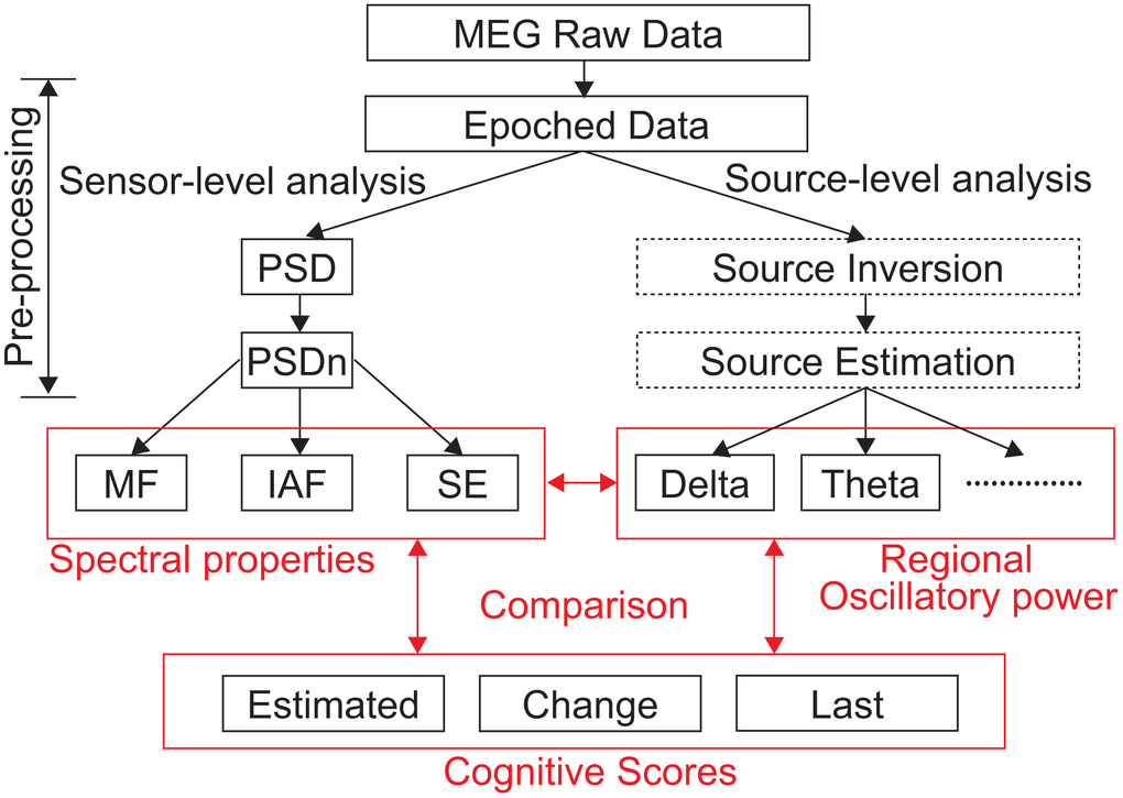 Data analysis pipeline. PSD, power spectral density; PSDn, normalised PSD; MF, median frequency; IAF, individual alpha frequency; SE, Shannon spectral entropy; Estimated, Estimated Score; Change, Estimated Score Change; Last, Last Score; MEG, magnetoencephalography.