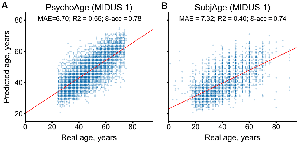 PsychoAge and SubjAge provide better than baseline estimates of chronological age and subjective age, respectively, in MIDUS 1 (N samples = 6071). (A) PsychoAge chronological age predictions in MIDUS 1 (MAE = 6.70 years; epsilon accuracy = 0.78). (B) SubjAge subjective age predictions in MIDUS 1 (MAE = 7.32 years; epsilon accuracy = 0.74).