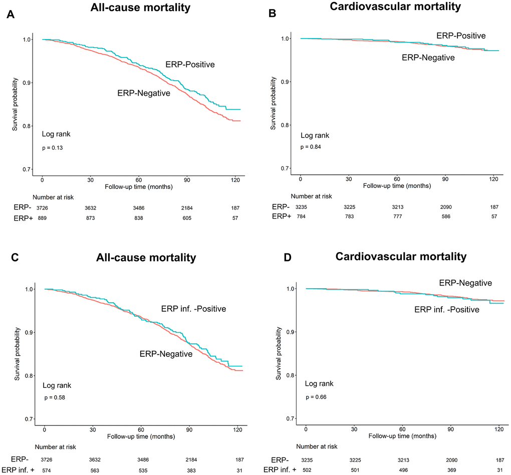 Kaplan–Meier survival curves show (A, C) all-cause and (B, D) cardiovascular mortality rates in individuals with and without early repolarization pattern, and individuals with and without early repolarization pattern in inferior leads.