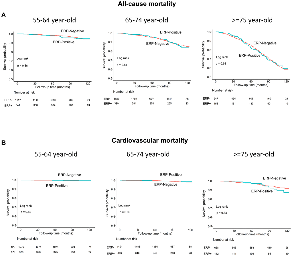 Kaplan–Meier survival curves show (A) all-cause and (B) cardiovascular mortality rates of individuals with and without early repolarization pattern stratified by age.