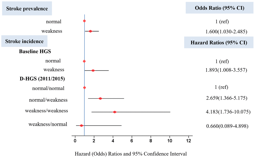 Odds ratio for stroke prevalence and hazard ratios for stroke incidence based on HGS. Hazard (Odds) ratios were adjusted for age, gender, marriage status, education level and place of residence, smoking behavior, alcoholic intake, BMI, hypertension, glucose, total cholesterol and C-reactive protein. Horizontal lines represent 95% confidence intervals. CI=confidence interval.