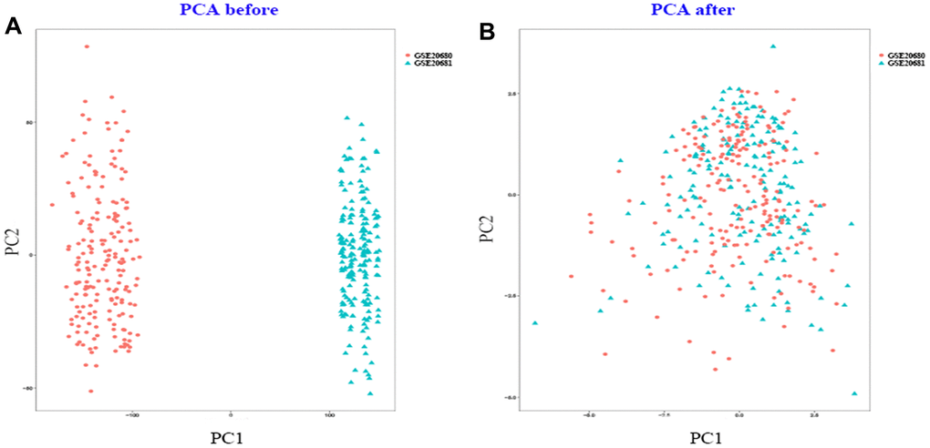 PCA cluster plot. (A) PCA cluster plot of GSE20680 and GSE20681 before sample correction and remove batch effect. (B) PCA cluster plot of GSE20680 and GSE20681 after sample correction and remove batch effect.