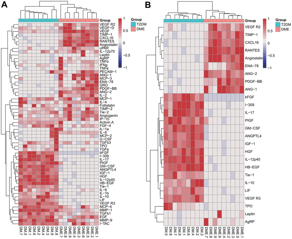 Semi-quantitative results of cytokine analysis in the pilot cohort. Heatmaps of the relative changes of 60 plasma cytokines (A) and 26 cytokines with a fold change > 4 or B).