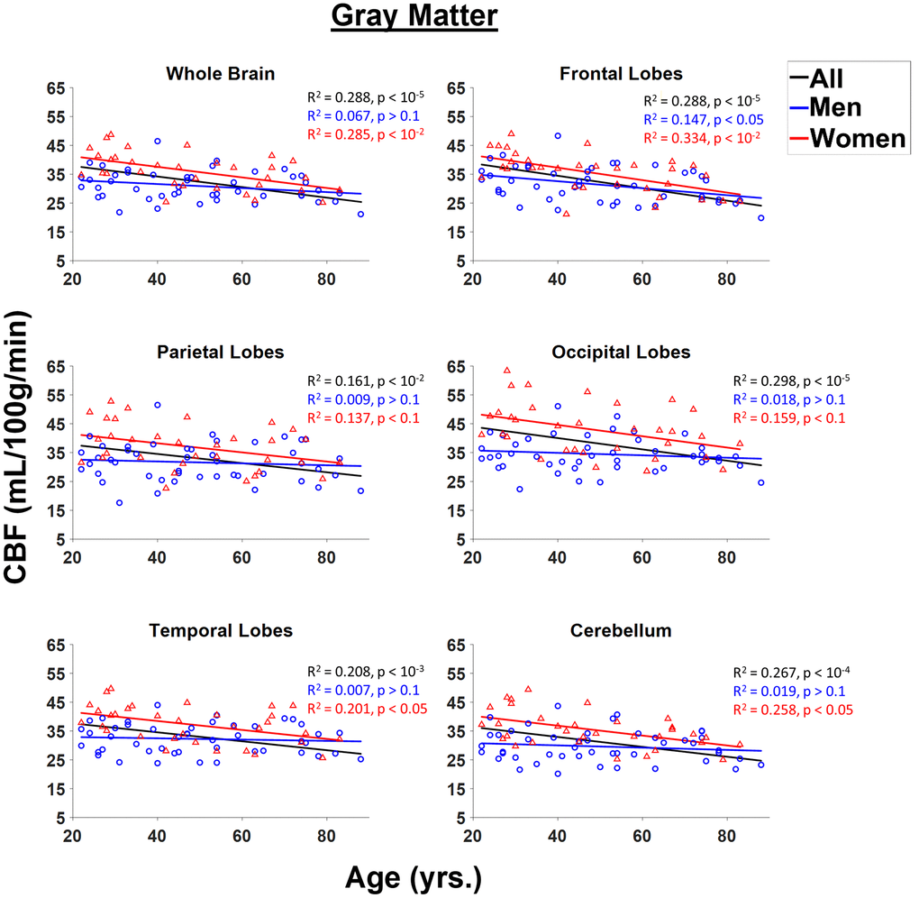 Regressions of NESMA-CBF with age and sex shown for the six gray matter (GM) regions investigated. For each structure, the coefficient of determination, R2, and p-value, obtained after FDR correction, are reported. Most regions investigated showed linearly decreasing CBF with age.