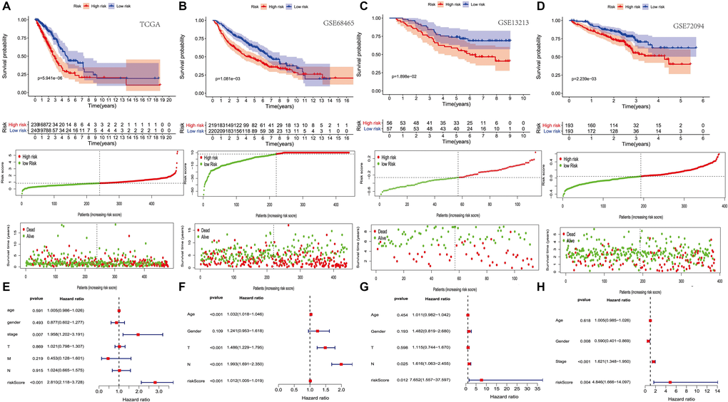 The prognostic value of PRS (platelet receptor-related risk score). (A–D) Kaplan-Meier curves of overall survival based on the PRS in the TCGA, GSE13213, GSE68465 and GSE72094 cohort (E–H) Multivariate Cox regression analysis in the TCGA, GSE13213, GSE68465 and GSE72094 cohort.
