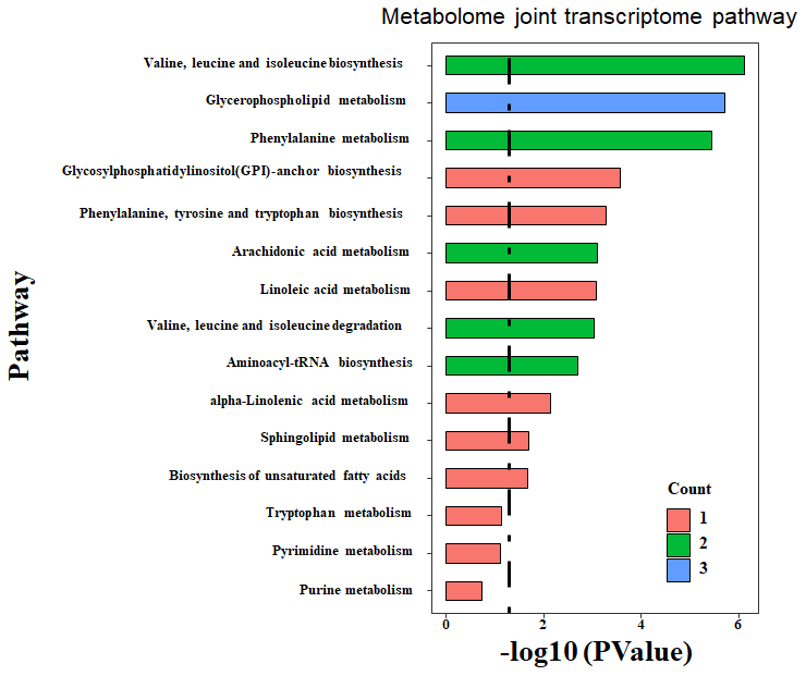 Enriched pathway by integrated analysis. Both the DEM and DEG were submitted to MetaboAnalyst, an online joint analysis module for integrated analysis. The count number is matched number of metabolites from the DEM with the pathway library. The more count number, the more reliable of the enriched pathway. The p-value is the statistical value from the over-representation analysis. The dashed line indicated the significant threshold p-value of 0.05.