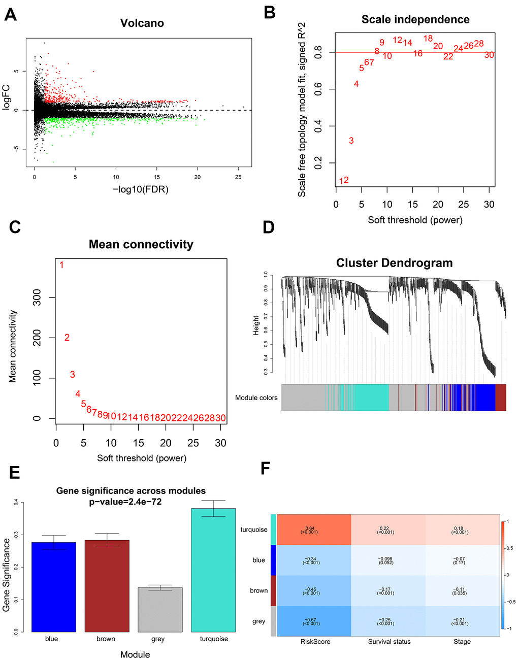 Identification of gene modules using WGCNA. (A) Volcano plot shows 741 differentially expressed genes or DEGs (335 up-regulated and 406 down-regulated) in 199 high-risk and 199 low-risk LADC patient groups. (B) Analysis of scale-free topology fit index for various soft threshold powers (β). (C) Analysis of mean connectivity for various soft threshold powers. (D) Dendrogram of all differentially expressed genes clustered into various gene modules on the basis of a topological overlap-derived dissimilarity measure. The modules are displayed with different colors in the horizontal bar below the dendrogram. (E) Distribution of gene significance values in different modules. (F) The module-trait relationship heat map shows the correlation between module eigengenes (MEs) and clinicopathological characteristics. The correlation coefficients and p values are shown in the column for each ME and the corresponding clinicopathological characteristic.