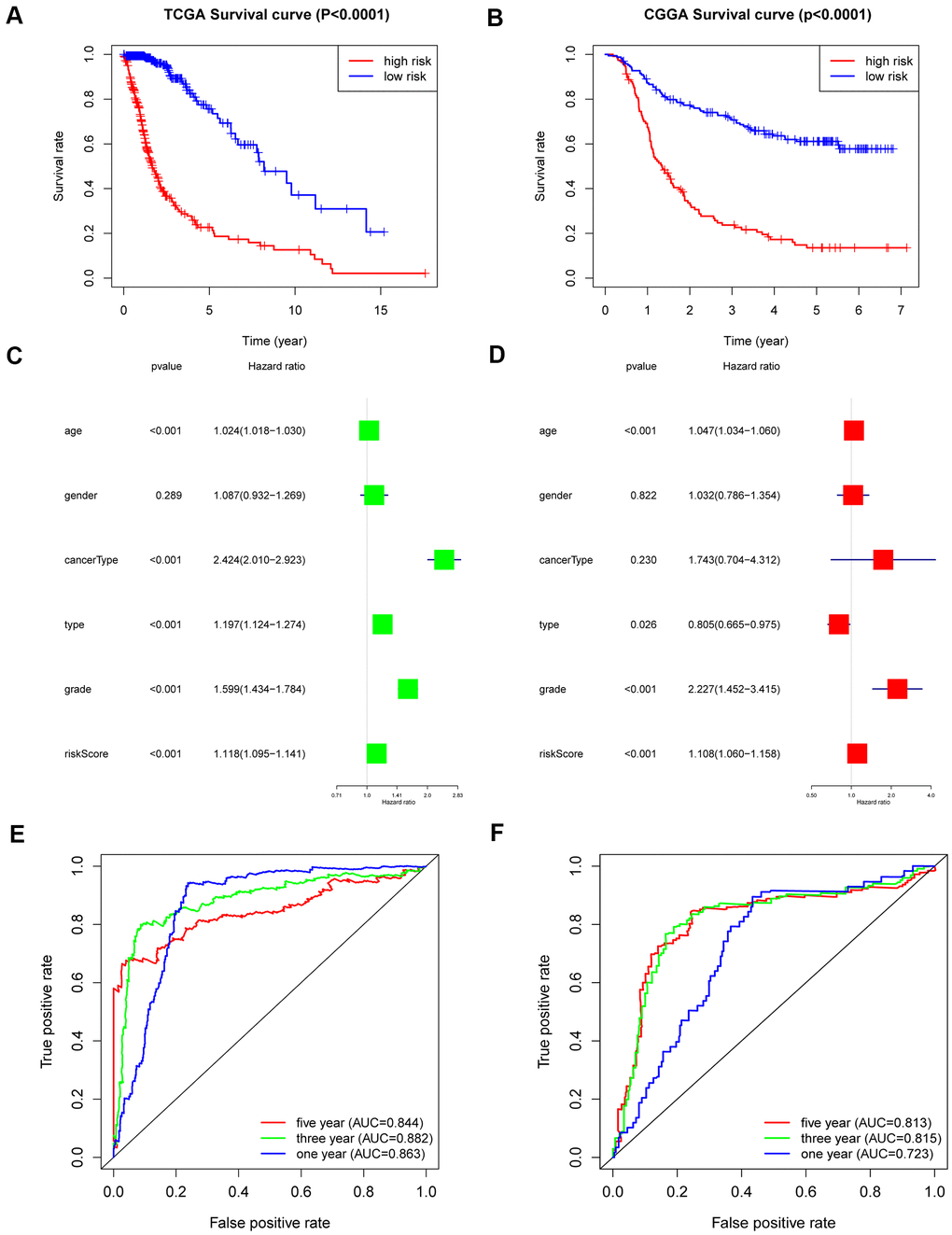 Outcome prediction of the 6-gene signature in stratified patients of the TCGA cohort and CGGA cohort. (A) Kaplan-Meier overall survival analysis between the high- and low-risk groups in the TCGA cohort. (B) Kaplan-Meier overall survival analysis between the high- and low-risk groups in the CGGA cohort. (C, D) Univariate (C) and multivariate Cox regression (D) analyses of clinical features and the 6-gene-based risk score for OS in the TCGA dataset. (E) ROC curves indicating the sensitivity and specificity of predicting 1-, 3- and 5-y survival with the MES-related signature in the TCGA dataset. (F) ROC curves indicating the sensitivity and specificity of predicting 1-, 3- and 5-y survival with the MES-related signature in the CGGA dataset.