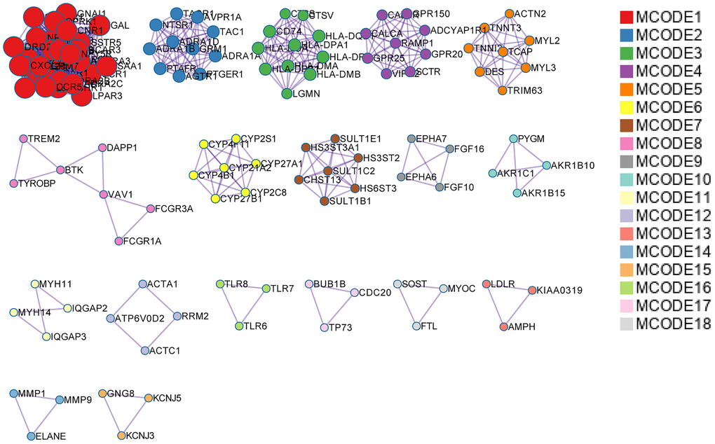MCODE analysis of DEGs. DEGs were divided into 18 modules based on functions, and protein-protein interaction networks were constructed for DEGs of each module. DEGs: Differentially expressed genes.