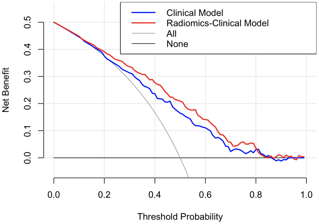 Decision curve analysis for the two models. The y-axis indicates the net benefit; the x-axis indicates threshold probability. The grey line represents the assumption that all patients have IVH growth. The black line represents the assumption that no patients have IVH growth. The blue line and red line represent the net benefit of the single clinical model and radiomics-clinical model, respectively. The radiomics-clinical model had a higher net benefit compared with the single clinical model across most threshold probabilities Net benefit=TPRR P−R1−R FPRR (1−P), P represents the prevalence of the disease; R represents the threshold probability; TPR= true positive rate; FPR= false positive rate).