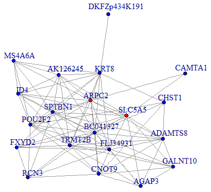 Co-expression subnetworks of SSD-associated genes. Nodes in the network represent genes, and edges represent significant co-expression (≥ 0.80) between two genes. Different colors indicate different strengths of co-expression. Genes colored in red are hub genes, and genes colored in blue are corresponding genes.