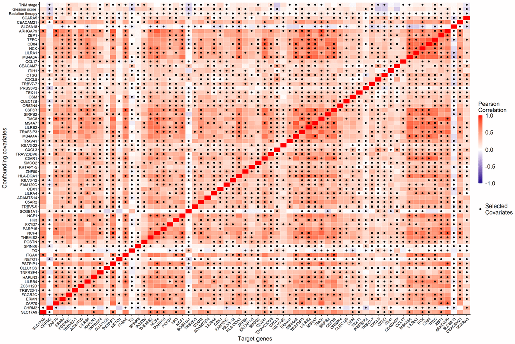 The Pearson correlation coefficients (the corresponding color) of the 68 candidate genes (horizontal axis) and the 70 candidate confounding covariates (vertical axis), as well as the minimal confounding covariate set of each candidate gene (the dark dot of each column).