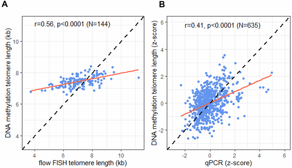 Correlation of telomere length (TL) measurement tools. (A) DNA methylation telomere length (DNAmTL) and flow FISH TL in kilobases (kb); (B) DNAmTL and qPCR in z-scores. Dashed line represents perfect agreement. Solid red line represents regression line.