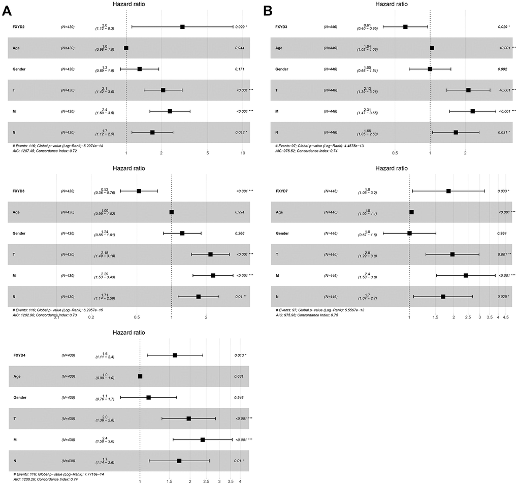 The results of multivariate Cox regression analyses of significant prognostic factors represented by forest plots. (A) Recurrence outcomes and (B) Survival outcomes. *, PPP