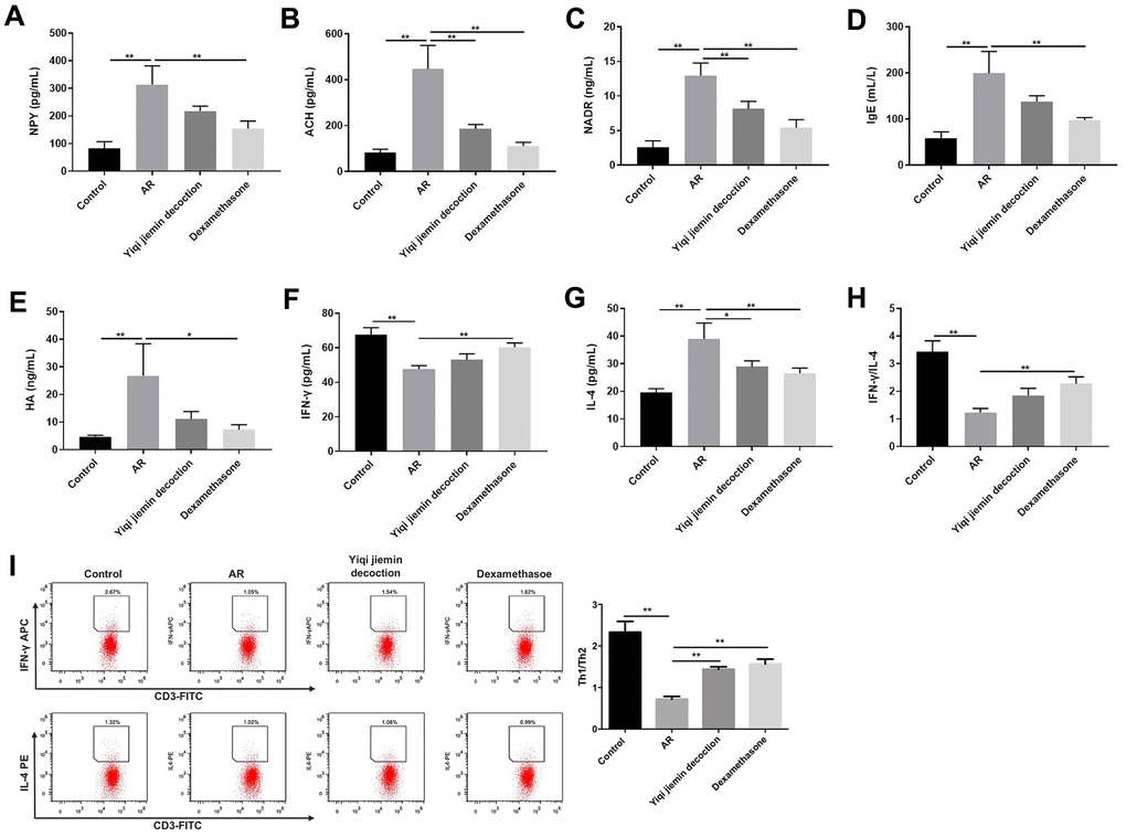 YJD reduces serum levels of pro-inflammatory factors in the AR model guinea pigs and restores the balance of Th1/Th2 immune responses. ELISA assay results show the serum levels of NP-γ (A), ACH (B), NADR (C), IgE (D), HA (E), IFN-γ (F) and IL-4 (G) in the control, AR model, AR model plus YJD, and AR model plus dexamethasone groups. (H) The histogram plots show the IFN-γ/IL-4 ratio based on the serum levels of IFN-γ and IL-4 in the control, AR model, AR model plus YJD, and AR model plus dexamethasone groups. (I) Flow cytometry was used to detect the CD3+IFN-γ + (Th1) cell percentage and CD3+IL-4+ (Th2) cell percentage respectively. *P 