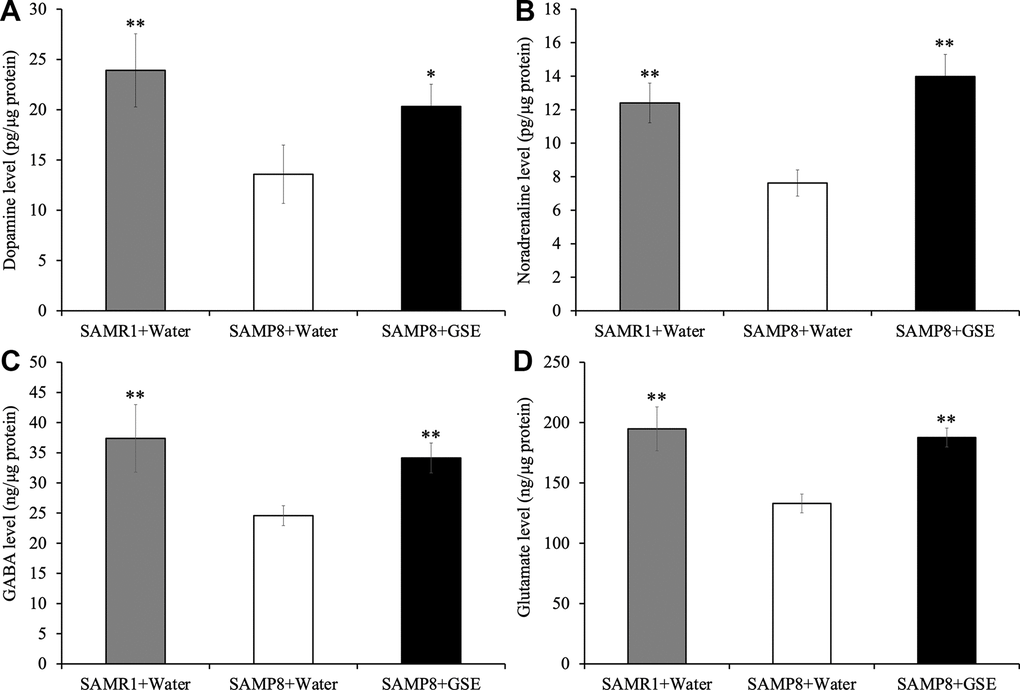 Effect of Grape skin extract (GSE) on (A) dopamine, (B) noradrenaline, (C) GABA, and (D) glutamate levels in the cerebral cortex of SAMP8. SAMP8 mice were orally administered with 50 mg/kg GSE for 30 days. These neurotransmitters levels were determined by ELISA kit. Each value is presented as mean ± SD. ** P 