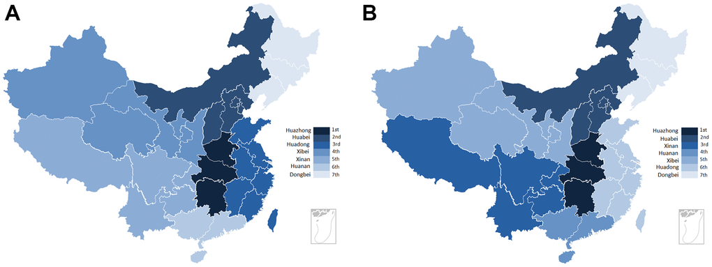 The distribution of H. pylori infection rate for gastric cancer and population in each province. (A) The regional distribution of H. pylori infection for population in China. (B) The regional distribution of H. pylori infection for gastric cancer in China.