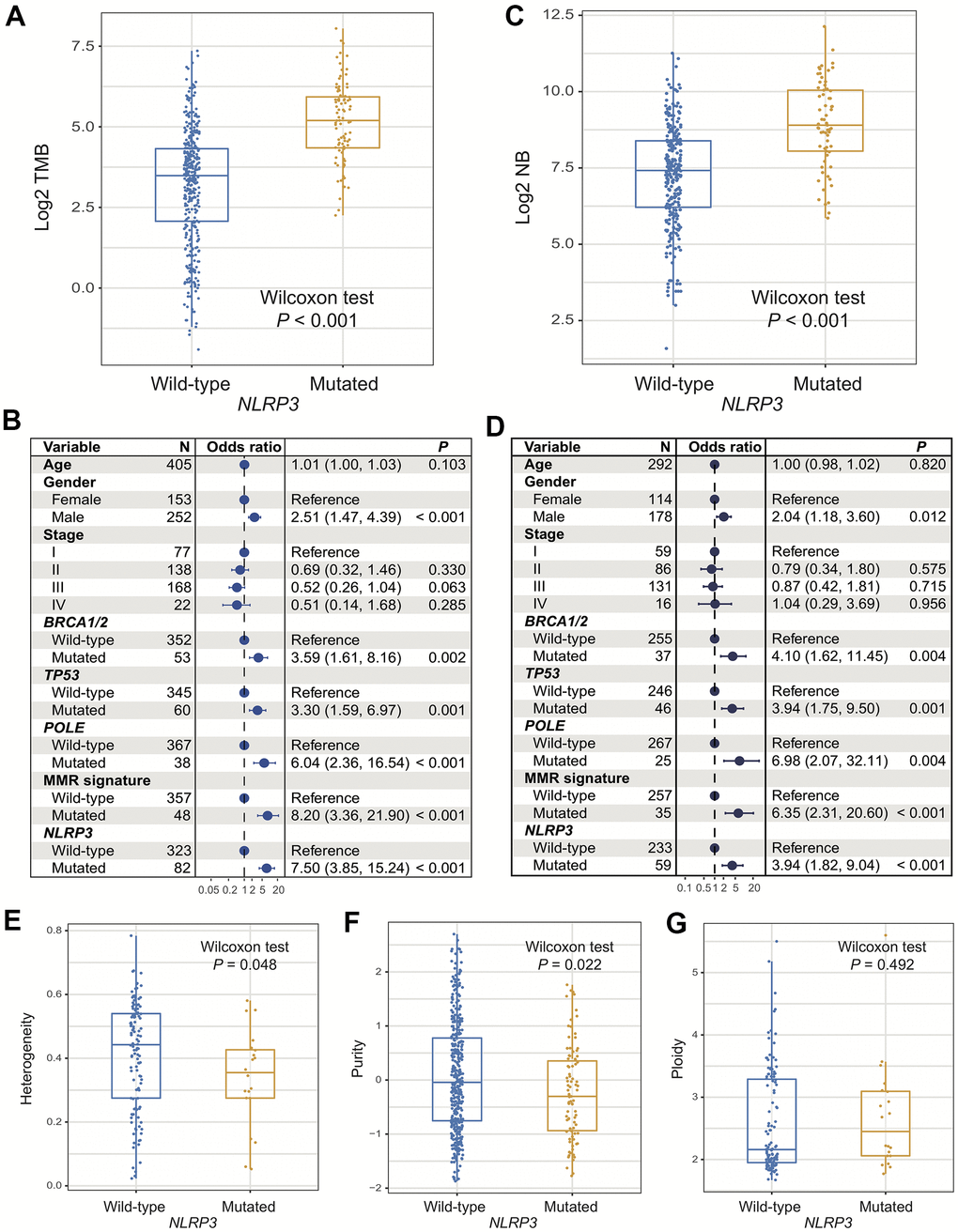 Association of NLRP3 mutations with TMB, NB, and genomic features. (A, B) NLRP3 mutations versus TMB with univariate analysis and multivariate regression model. (C, D) NLRP3 mutations versus NB with univariate analysis and multivariate regression model. NLRP3 mutations association with (E) tumor heterogeneity, (F) purity, and (G) ploidy.