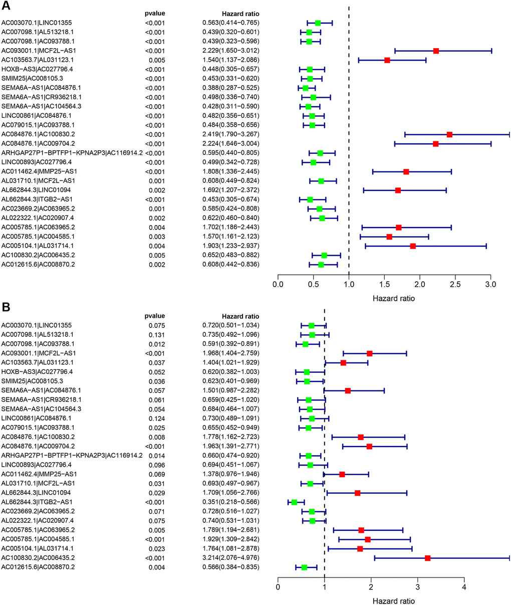 Cox regression analysis was performed on 27 immune lncRNA pairs related to clear cell renal cell carcinoma outcome. (A) Cox univariate regression analysis forest plot of 27 immune lncRNA pairs related to the outcome of clear cell renal cell carcinoma. (B) Cox multivariate regression analysis forest plot of 27 immune lncRNA pairs related to clear cell renal cell carcinoma outcome. Red indicates risk factors, and green indicates protective factors.