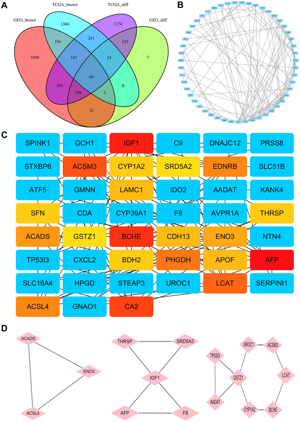 Identification of hub genes. (A) The Venn diagram for selection of the differential co-expression genes among DEG lists and co-expression modules. (B) PPI network of the intersection genes between DEG lists and co-expression modules. Each blue node represents a gene. Edges among nodes indicate interaction associations between genes. (C) Identification of the core genes from the PPI network by MCC algorithm. Darker colors refer to higher MCC sores. (D) The top three significant modules of the PPI network were evaluated in MOCDE. Pink nodes represent genes in corresponding modules.