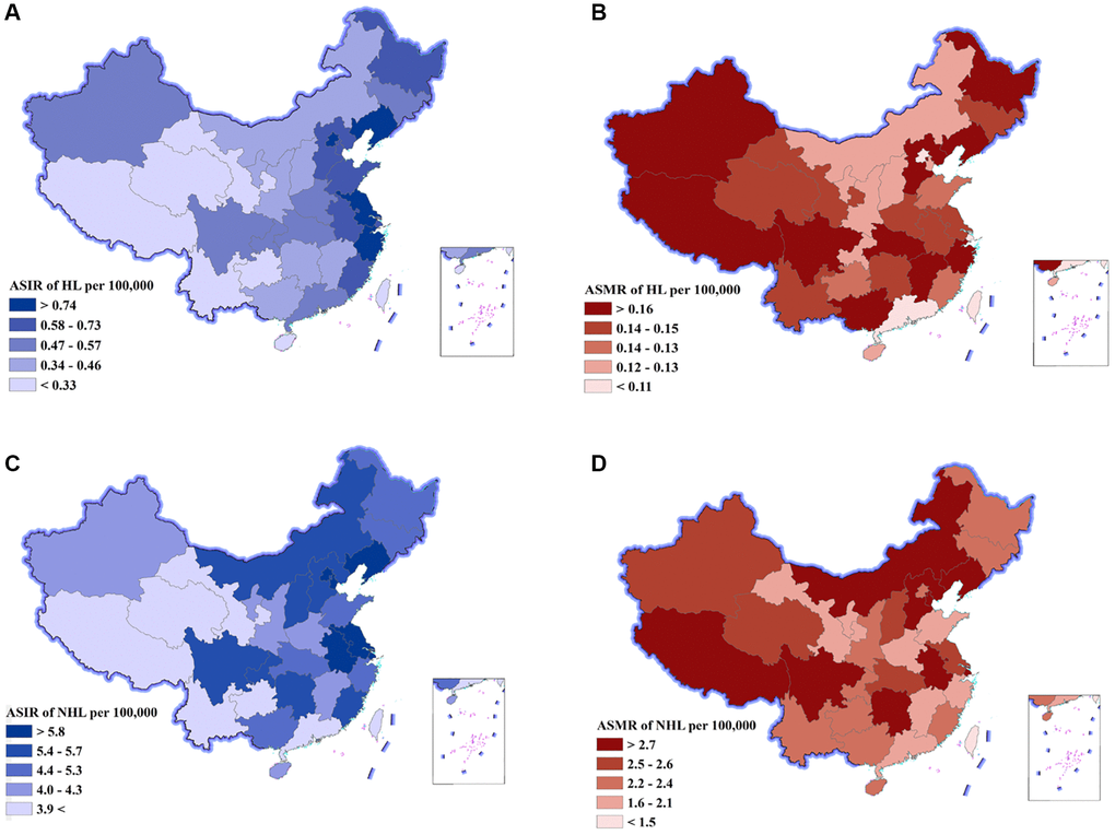 Age-standardized incidence rates (ASIR) and age-standardized mortality rates (ASMR) of Hodgkin lymphoma (HL) and non-Hodgkin lymphoma (NHL) by province of China, 2019. (A) ASIR of HL, (B) ASMR of HL, (C) ASIR of NHL, (D) ASMR of NHL.