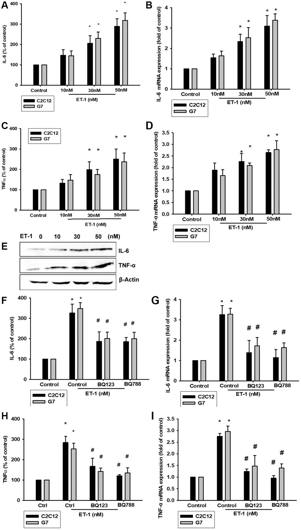ET-1 induces IL-6 and TNF-α mRNA and protein levels through ET receptor pathways in myocyte cells (C2C12 and G7 cell lines). (A–E) Cells were incubated with ET-1 (10–50 nM) and the levels of IL-6 and TNF-α mRNA and protein expression were examined by EILSA, qPCR, and Western blot assays. (F–I) Cells were pretreated with ETRs inhibitors BQ123 (5 μM) and BQ788 (5 μM) then stimulated with ET-1. The IL-6 and TNF-α mRNA and protein expression levels were examined by EILSA and qPCR assays. Results are expressed of four independent experiments performed in triplicate. *p #p 