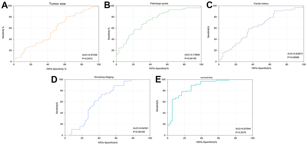 ROC curves to determine the effect of FCGR2A on diagnosing different traits of the ccRCC patients. (A) Tumor size. (B) Pathologic grade. (C) Family history. (D) Enneking Staging. (E) Survival time.