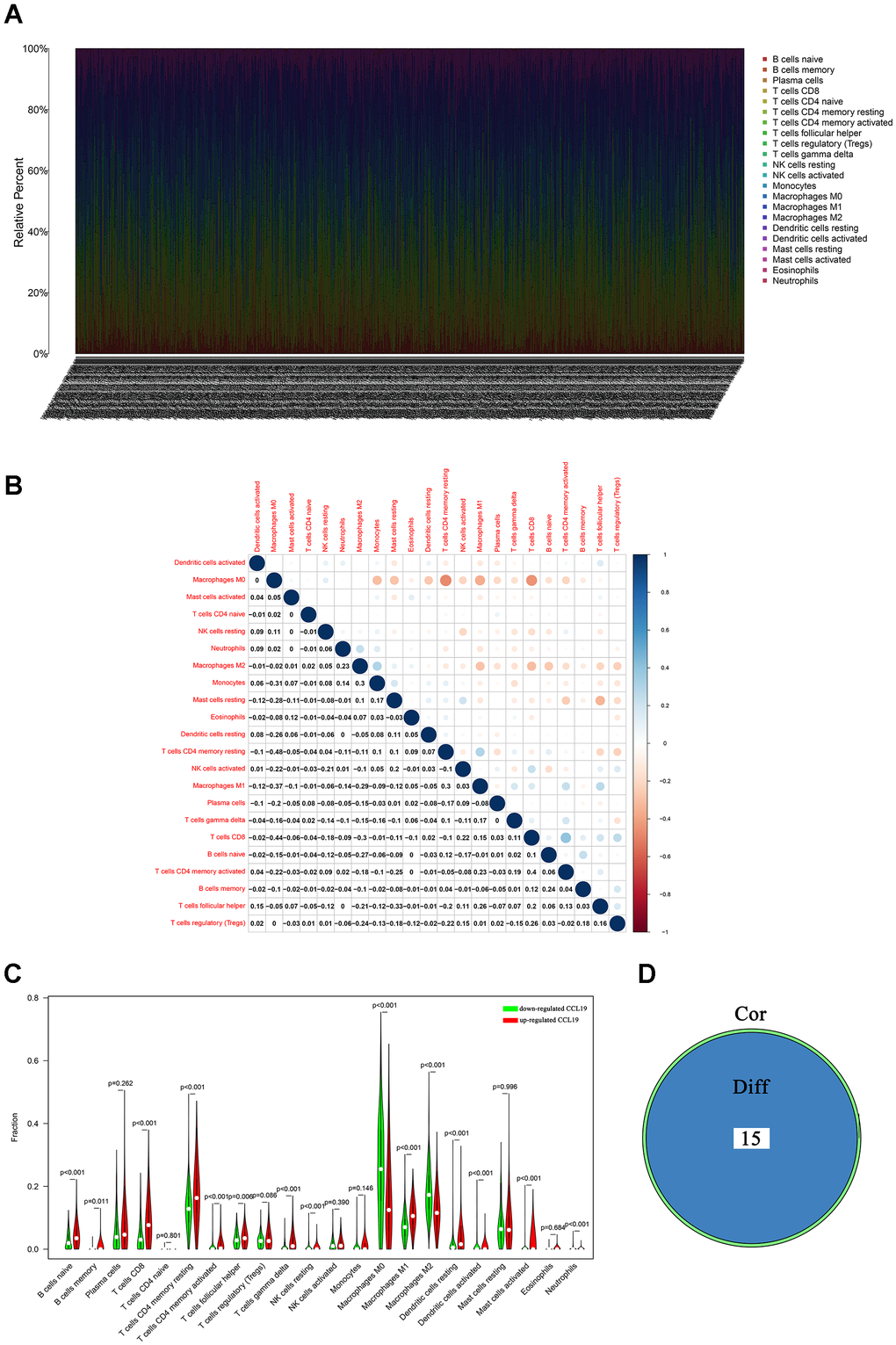 TIC profile and differential analysis. (A) Barplot showed the proportion of 22 TICs in breast cancer samples; (B) The diagram showed the associations between 22 TICs; each spot indicated the p value of the association between two TICs; (C) Violin plot showed the correlation between 22 TICs and the expression of CCL19; pD) Venn plot indicated there were 15 TICs shared by the difference test and correlation test showed in violin plots (C) and scatter plots (Figure 7), respectively.
