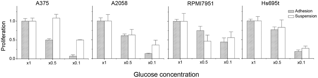 Detachment stress contributed to the characteristics of resistance to glucose depletion. The relative ratio of proliferation was defined as: (cell number under indicated glucose concentration) / (cell number under normal culture condition).