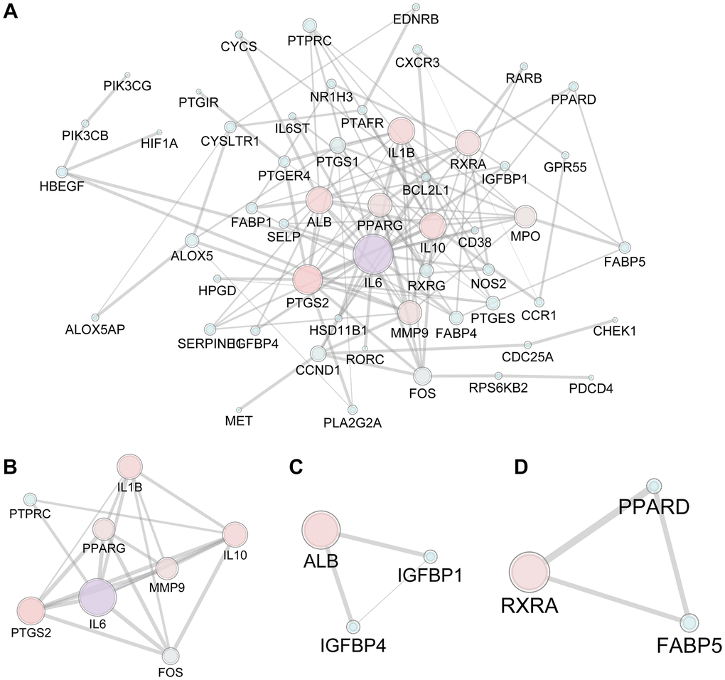 The PPI network of 77 candidate targets of FTZ in inhibiting osteoclast differentiation. (A) All nodes’ area and color changes are shown according to their degree value. (B–D) Key submodules from 77 candidate targets analyzed by the MCODE plug-in of Cytoscape software. All nodes’ area and color changes are shown according to their degree value.
