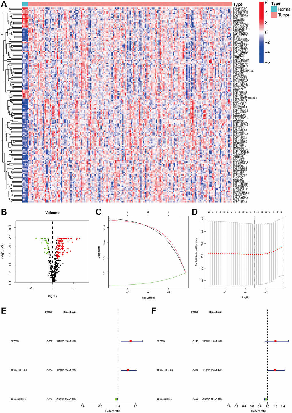 Establishment of a risk assessment model based on DEmlncRNA differentially expressed m6A-related lncRNAs (DEmlncRNAs). The heatmap (A) and a volcano plot (B) were displayed. Establishment of the LASSO regression (C and D). 3 DEmlncRNA were shown by a forest map with univariate and multivariate Cox analysis (E and F).