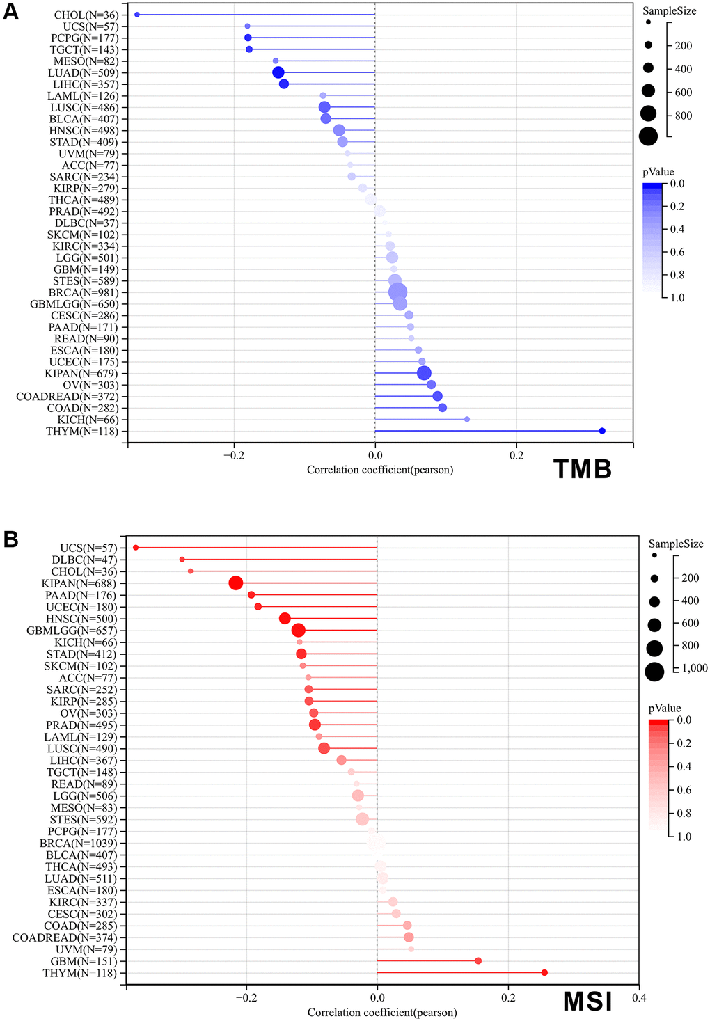 Correlation of SPIB expression with tumor mutational load (TMB) and microsatellite instability (MSI) in pan-cancer. (A) The bar graph represents the correlation between SPIB expression and TMB in pan-cancer. (B) The bar graph represents the correlation between SPIB expression and MSI in pan-cancer. P values are from Spearman's correlation analysis.