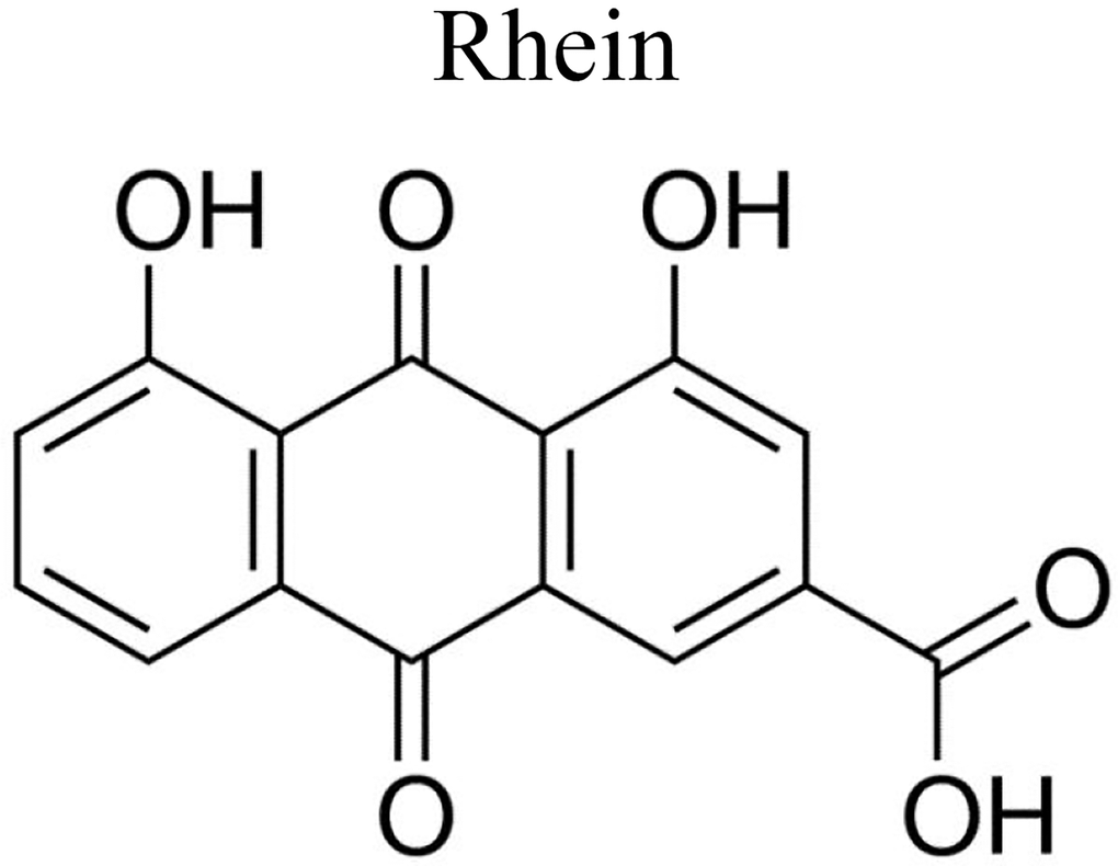 The molecular structure of RH. Rhein, also called 1,8-dihydroxy-3-carboxy anthraquinone, is abbreviated as RH.