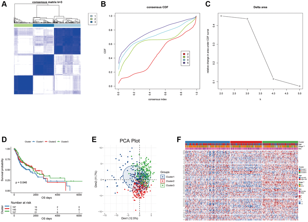 Unsupervised clustering analysis for the head and neck squamous carcinoma samples based on the expression of oxidative stress-related genes. (A) Consensus matrices of the TCGA-HNSC cohort with k = 3; 1, 2 and 3 denote the three subgroups. (B) The CDF plot of unsupervised clustering analysis. (C) Relative change in area under CDF curve for k = 2–5. (D) OS survival curves of the three oxidative stress-related subgroups. (E) Visualization of the results of the PCA analysis for the oxidative stress-related genes. (F) Heat map of the expression of the oxidative stress-related genes in the three subgroups.